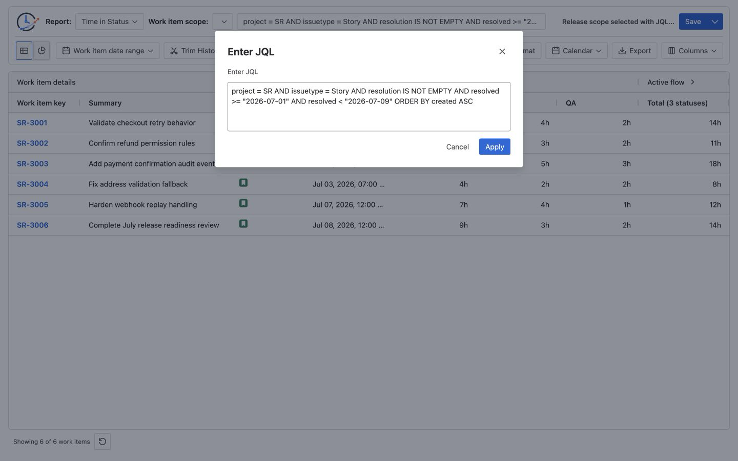 Jira Time in Status report configured with a JQL data source