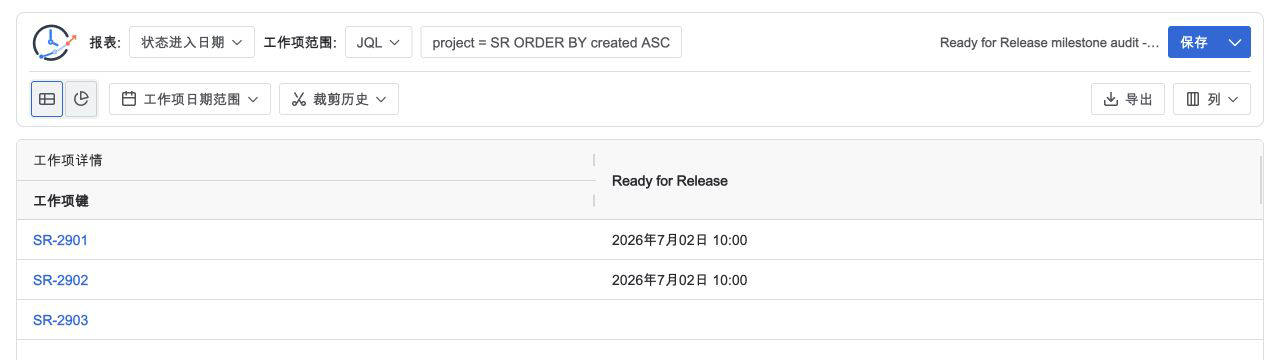 StatusPath 状态进入日期报表显示三个 Jira 工作项首次进入 Ready for Release 的日期
