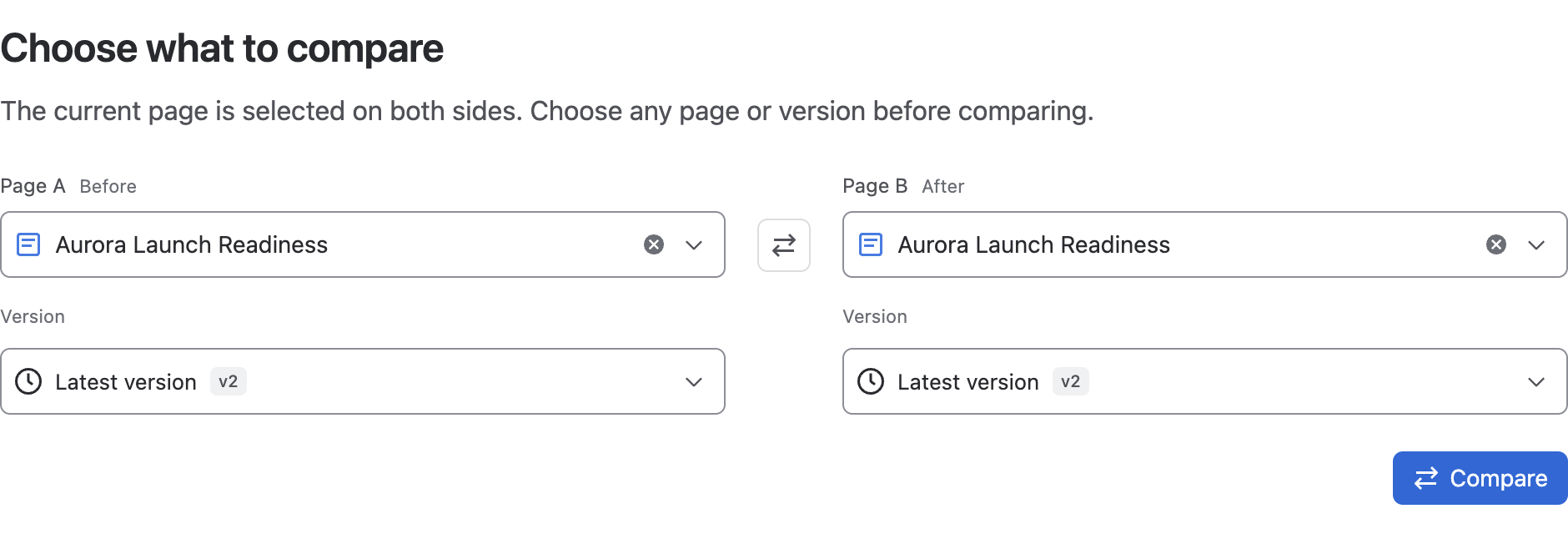 当前页面的对比弹窗,两侧均预选 Aurora Launch Readiness,并使用最新版本 v2