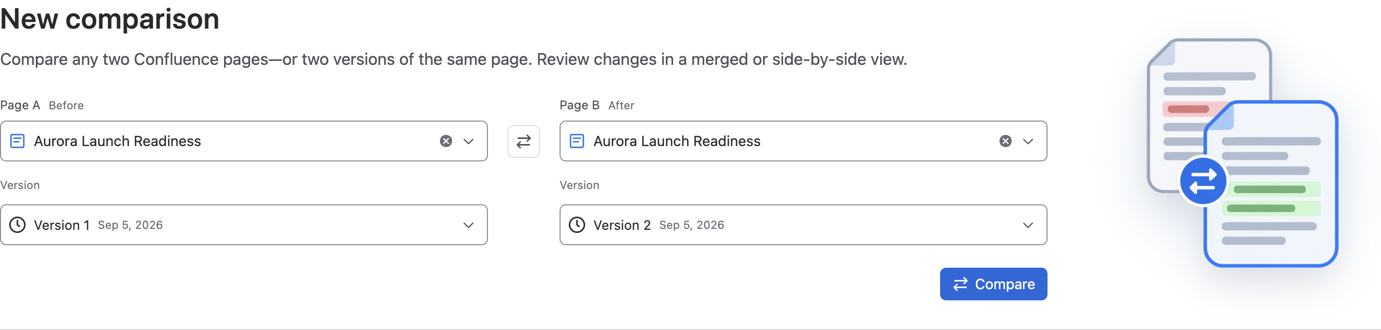 Comparison form with Aurora Launch Readiness selected as both Page A Before and Page B After, with separate Version fields and the Compare button